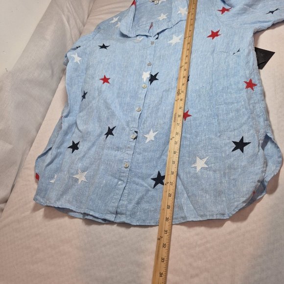 John Mark Women's Size 2X Linen Shirt Top 4th of July Star Embroidered Blue (42) - Picture 9 of 13